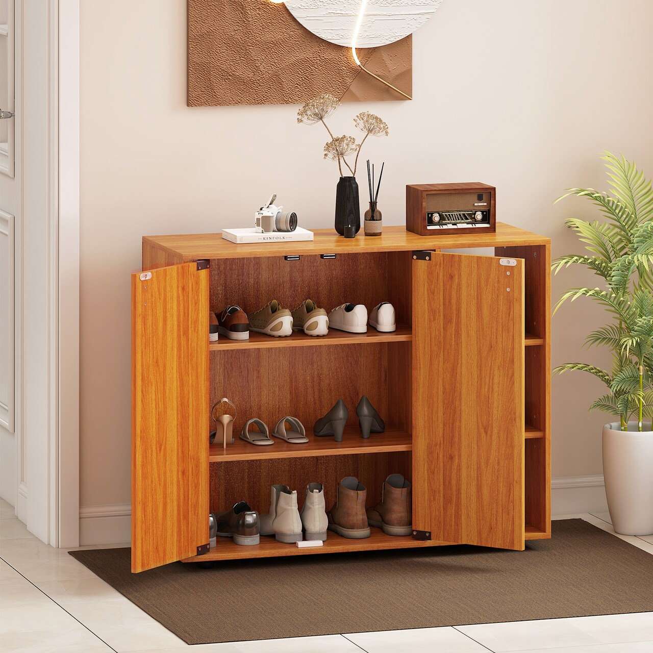 Wooden Shoe Cabinet Entryway Storage Organizer with Adjustable Shelves Double Door Shoe Rack